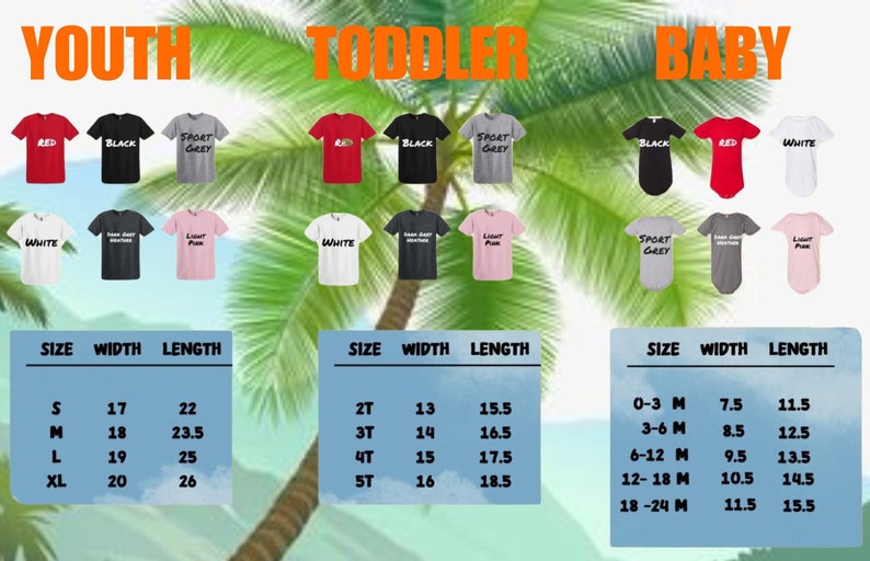 K&ouml;nnte beinhalten: Gr&ouml;&szlig;entabelle f&uuml;r T-Shirts f&uuml;r Jugendliche, Kleinkinder und Babys. Die Tabelle zeigt die Gr&ouml;&szlig;e, die Breite in Zoll und die L&auml;nge in Zoll f&uuml;r jede Gr&ouml;&szlig;e. Die verf&uuml;gbaren Farben sind Rot, Schwarz, Sportgrau, Wei&szlig; und Hellrosa.