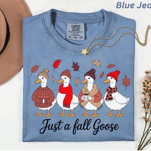 May include: Blue jean colored t-shirt with a graphic of four geese wearing fall attire. The geese are wearing hats, scarves, and sweaters. The text "Just a fall Goose" is printed below the geese. A gold necklace with a star pendant is on the shirt.