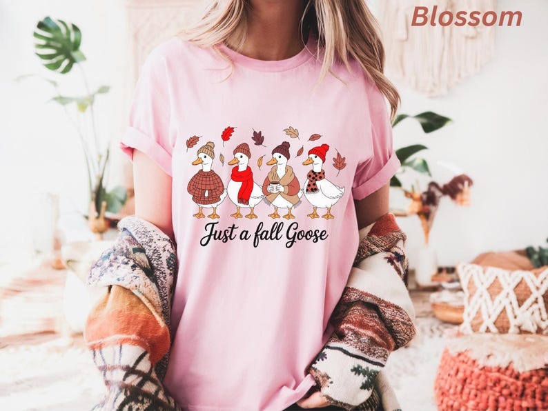 May include: Pink t-shirt with a graphic of four geese wearing fall attire, including hats and scarves, with the text "Just a fall Goose". The geese are surrounded by fall leaves.