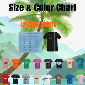K&ouml;nnte beinhalten: Unisex-T-Shirt-Gr&ouml;&szlig;entabelle mit Ma&szlig;en in Zoll. Die Tabelle zeigt die Gr&ouml;&szlig;en XS bis 3XL mit den entsprechenden Breiten- und L&auml;ngenma&szlig;en. Unter der Tabelle befinden sich 12 T-Shirt-Farbmuster, darunter Heather Mauve, Orange, Irish Green, Heather Raspberry, Dark Heather Grey, Heather Midnight Navy, Heather Peach, Deep Teal, Rot, Schwarz, Sport Grey, Sand, Wei&szlig;, Heather Olive, Heather True Royal und Light Pink.