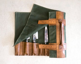 Olive Green Waxed Canvas & Hand Dyed Leather // "waxed knife roll" by fullgive in olive