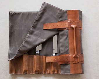 Waxed Canvas & Hand Dyed Leather Chef's Roll // "waxed knife roll" by fullgive in oak and java