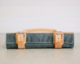 Grey Waxed Canvas & Vegetable Tanned Leather // "waxed knife roll" by fullgive in grey and natural