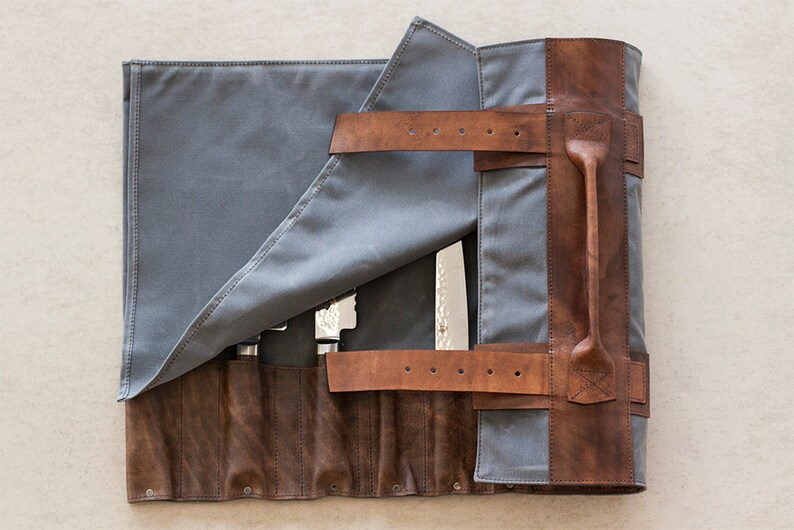 Waxed Canvas & Leather Chef's Roll // waxed knife roll by Etsy