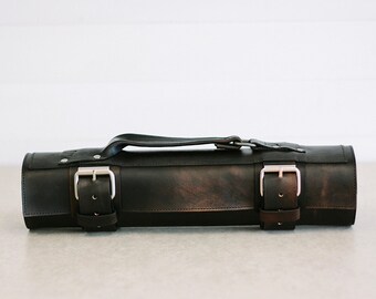 Black Custom Leather Knife Roll // "chefs roll" by fullgive in vintage fg-black