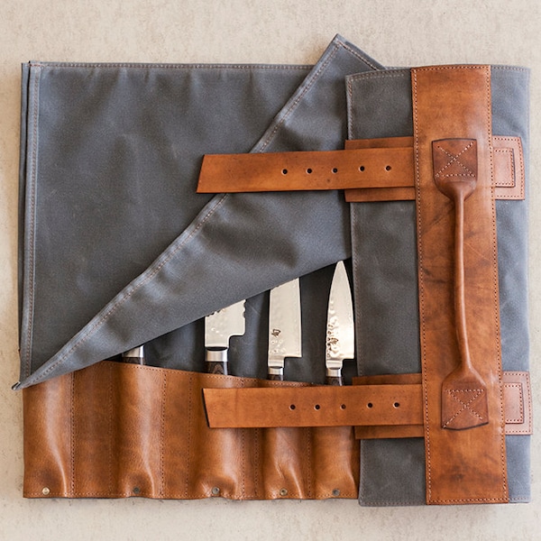 waxed knife roll by fullgive in grey and java last one available