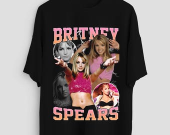 May include: Black unisex t-shirt with a collage of images of Britney Spears. The text "BRITNEY SPEARS" is printed in pink and white on the shirt.
