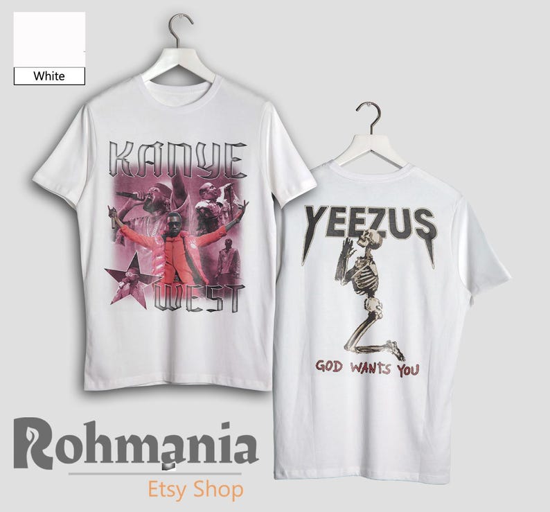 May include: White t-shirts with graphic designs. One shirt features "Kanye West" with a photo collage. The other shirt displays "YEEZUS" above a skeleton and the text "GOD WANTS YOU."