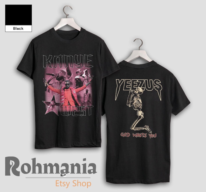 May include: Black t-shirt with a retro graphic of Kanye West and the text "Kanye West" on the front. The back of the shirt features "YEEZUS" above a kneeling skeleton and the text "GOD WANTS YOU".