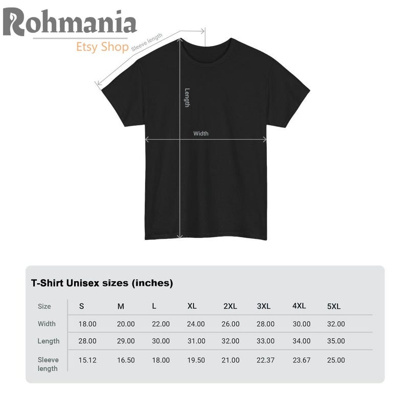 May include: Black t-shirt with a size chart. The chart displays width, length, and sleeve length in inches for sizes S to 5XL. The Etsy shop name "Rohmania" is at the top.