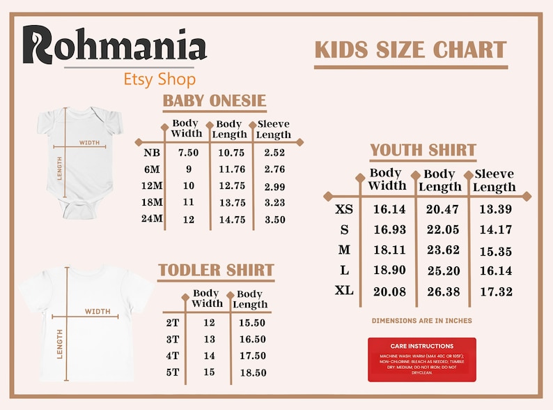 May include: A size chart for baby onesies, toddler shirts, and youth shirts, with measurements in inches. The chart includes body width, body length, and sleeve length for each size. The image also includes care instructions.