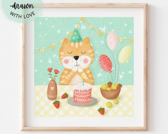 May include: A framed illustration of a ginger cat wearing a party hat, with a birthday cake, balloons, and a vase of flowers. The background is light green with white stars. The text "Hand -drawn with love" is in a circle in the upper left corner.