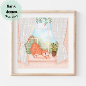 Stampa artistica con un gatto rosso stravagante / Decorazione murale per bambini disegnata a mano / Decorazione murale per cameretta con un gatto carino / Download digitale di un animale giocoso come un gattino