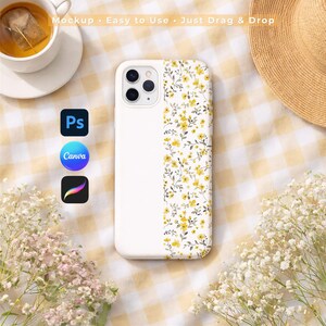 Modello di custodia per iPhone per Canva Photoshop Procreate, modello di custodia per telefono con picnic primaverile ed estivo, modello floreale primaverile a quadretti, estetica all'aperto