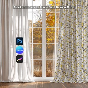 Herbst Vorhang Mockup für Canva Procreate PSD, Herbst Fenster Vorhang Vorlage, gemütliches Blatt Wohnkultur, Vorschau des nahtlosen Oberflächenmusters