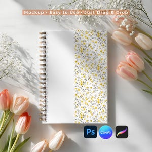 Spiral Notebook Mockup for Canva Photoshop Procreate, Spiral Journal Mockup, Notebook Cover Design Mockup, Aesthetic Spring Tulip Mockup