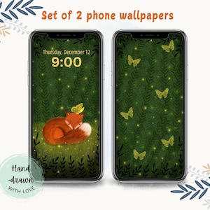May include: Set of 2 phone wallpapers. One wallpaper features a sleeping fox with a butterfly on its head, set against a green forest background. The other wallpaper has yellow butterflies on a green background. The text "Hand drawn with love" is also visible.