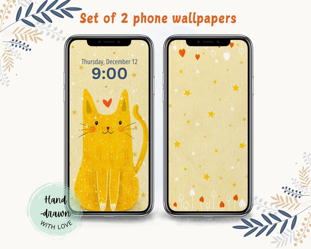 Cute Cat Phone Wallpaper Set – Hand-drawn Whimsical Kitty – Lock & Home ...