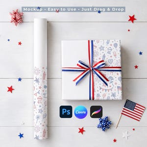 Peut inclure: Une boîte cadeau blanche et un rouleau de papier d'emballage avec un motif patriotique, représentant des feux d'artifice, des drapeaux et des étoiles. La boîte est attachée avec un ruban rouge, blanc et bleu. Le texte "Mockup • Easy to Use • Just Drag & Drop" est inclus.