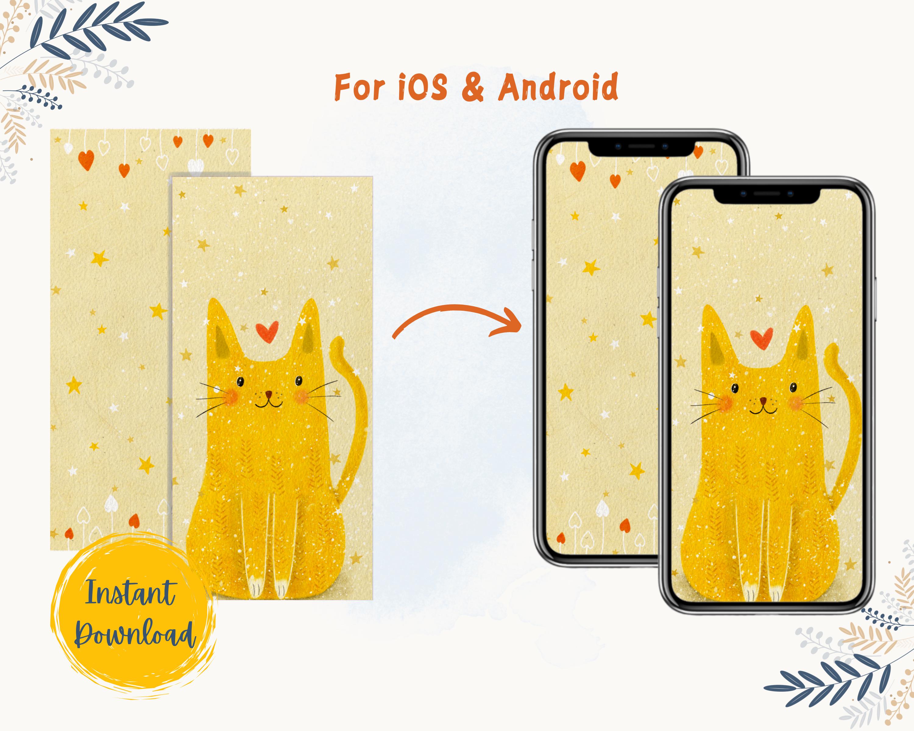 Cute Cat Phone Wallpaper Set – Hand-drawn Whimsical Kitty – Lock & Home ...