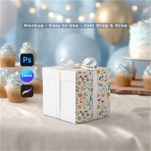 Maqueta de caja de regalo para bebé, maqueta de papel de regalo para cumpleaños y baby shower, presentación de patrón sin costuras, maqueta de objeto inteligente PSD de Canva para Procreate.
