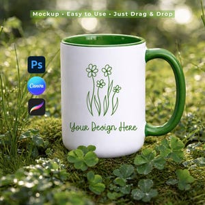 15oz Green Accent Mug Mockup for Procreate Canva PSD, St Patricks Day Clover Garden Coffee Cup, Green Handle 15 oz Mug PSD, Shamrock Lucky