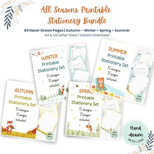 Könnte beinhalten: Ein Bundle mit druckbaren Schreibwaren-Sets für alle Jahreszeiten, einschließlich Herbst, Winter, Frühling und Sommer. Jedes Set enthält 21 Designs und 21 Seiten. Das Bundle umfasst 84 handgezeichnete Seiten und ist in A4- und US-Letter-Größen erhältlich.