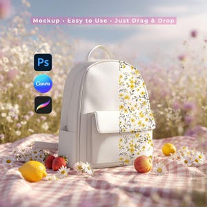 May include: White backpack with a floral design on the front panel. The backpack has a top handle, a front pocket, and side pockets. The image includes the text "Mockup • Easy to Use • Just Drag & Drop".