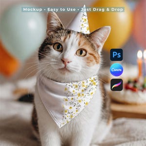 Maqueta de pañuelo para gato calico, maqueta de gorro de cumpleaños para Canva Procreate PSD, accesorios para fiestas de mascotas, vista previa de tela de pañuelo triangular para gatitos