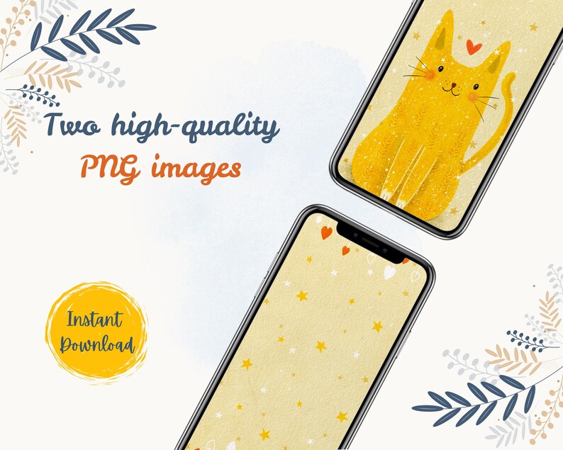 Cute Cat Phone Wallpaper Set – Hand-drawn Whimsical Kitty – Lock & Home ...