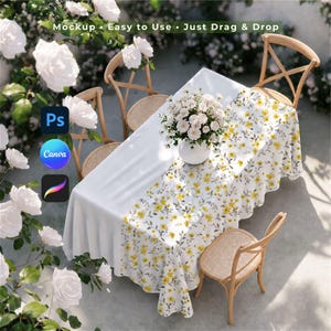 May include: A rectangular table set for a meal, covered with a white tablecloth and a floral runner with yellow flowers. Two wooden chairs are on each side of the table. A vase of white flowers sits in the center. The image includes the text "Mockup - Easy to Use - Just Drag & Drop".