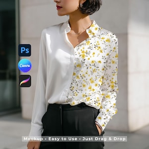 Mockup di camicia in seta per Canva Procreate Photoshop PSD, scena di stile di vita di abbigliamento femminile, anteprima di tessuto senza cuciture, visualizzazione di tessuti con motivo superficiale