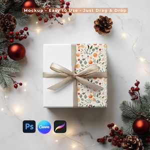 クリスマスフラットレイギフトボックスモックアップ、ホリデーラッピングペーパーテンプレート、Canva Procreate PSDトップビュー表示、お祝いの表面パターンモックアップ