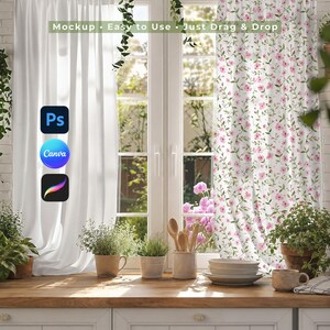 May include: A bright, airy interior scene featuring a window with white curtains and a floral patterned curtain. The text "Mockup • Easy to Use • Just Drag & Drop" is visible. Pots of herbs and kitchenware are on the wooden counter.