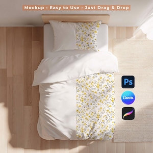 Påslakanmodell, filt, sängkläder för Canva Procreate PSD, örngott, livsstilsscen, förhandsvisning av sömlöst tyg, visning av ytmönster