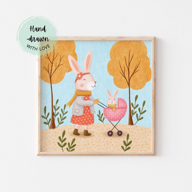 Woodland Nursery Art, Bunny Mom and Baby Print, Autumn Rabbit Wall Art ...