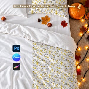 Bedding Mockup for Canva Procreate PSD Spoonflower, Halloween Fall Duvet Cover Pillow Blanket, Cozy Autumn Seamless Surface Pattern Display