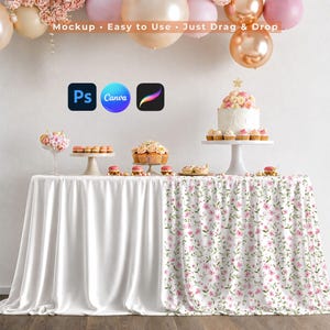 Puede incluir: Una mesa de fiesta con un mantel de satén blanco y un mantel floral. La mesa está decorada con postres, incluyendo un pastel, cupcakes, macarons y otras golosinas. Globos en rosa y dorado están en el fondo. El texto dice "Mockup • Easy to Use • Just Drag & Drop."