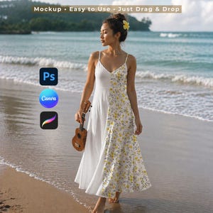 May include: A woman wearing a white and yellow floral print dress stands on a beach, holding a ukulele. The dress has a solid white panel and a floral print panel. The image includes the text "Mockup - Easy to Use - Just Drag & Drop" and the logos for Photoshop, Canva, and Procreate.