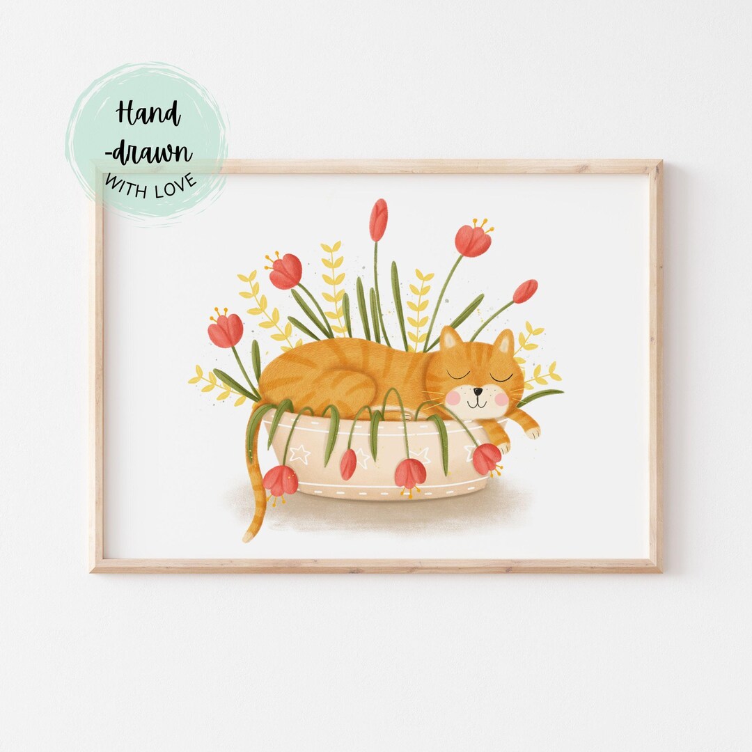 Printable Cat Wall Art, Sleeping Ginger Cat Print, Hand Drawn Floral ...