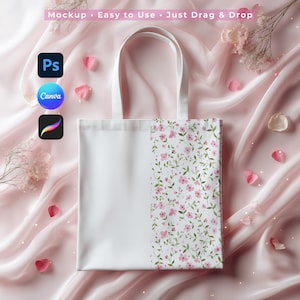 Maqueta de bolso de tela para Canva Procreate PSD, maqueta estética de bolso de lona, maqueta de seda rosa, maqueta de marca femenina, plantilla de bolso de tela con vista plana