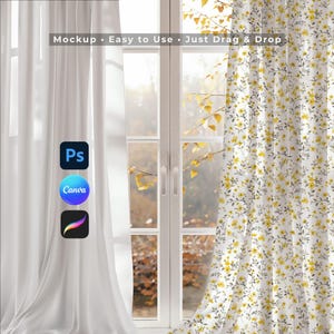May include: A digital curtain mockup featuring a white sheer panel and a panel with a yellow floral pattern. The text Mockup • Easy to Use • Just Drag & Drop is visible at the top, along with icons for Photoshop, Canva, and Procreate software.