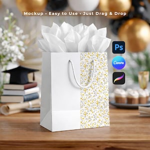 Maquette de sac cadeau de remise des diplômes pour objet intelligent PSD Canva Procreate, présentoir de sac en papier classe de 2026, maquette de remise des diplômes or, motif transparent