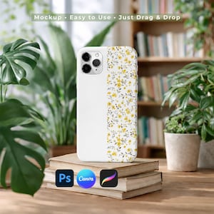 Mockup di custodia per iPhone per Canva Photoshop Procreate, modello di custodia per telefono con pianta, mockup di ufficio domestico con vegetazione estetica, download ispirato alla natura