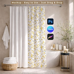 May include: A white and yellow floral shower curtain with a matching white curtain. The text "Mockup • Easy to Use • Just Drag & Drop" is at the top. The shower curtain is in a bathroom setting with a white tub and a gold side table.