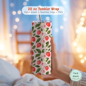 Hand-drawn Strawberry Tumbler Wrap PNG, Pink Strawberry Pattern Cup, Cottagecore Wrap Seamless, Sweet Fruit Sublimation Instant Download