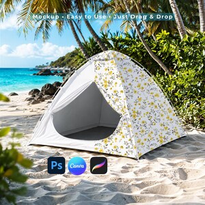 May include: A white tent with a floral pattern of yellow flowers and green leaves, set up on a sandy beach. The tent has an open entrance and is surrounded by palm trees and the ocean. The text "Mockup - Easy to Use - Just Drag & Drop" is visible.