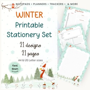 May include: A winter printable stationery set featuring 21 designs and 21 pages in A4 and US Letter sizes. The text reads: NOTEPADS • PLANNERS • TRACKERS • & MORE, WINTER Printable Stationery Set, 21 designs, 21 pages, A4 & US Letter sizes, Hand-drawn ARTWORK.