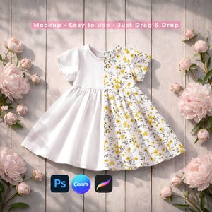 Peut inclure: Robe de bébé blanche et à imprimé floral jaune, avec des manches courtes. La robe est divisée en deux, un côté blanc uni et l'autre orné de fleurs jaunes. Le texte "Mockup • Easy to Use • Just Drag & Drop" est en haut.