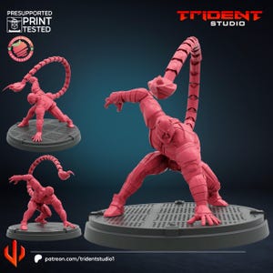 May include: A pink 3D-printed Scorpion action figure in a dynamic pose, with a segmented tail arching over its head. The figure is on a round, textured base. The image includes the Trident Studio logo and text: "Presupported Print Tested."
